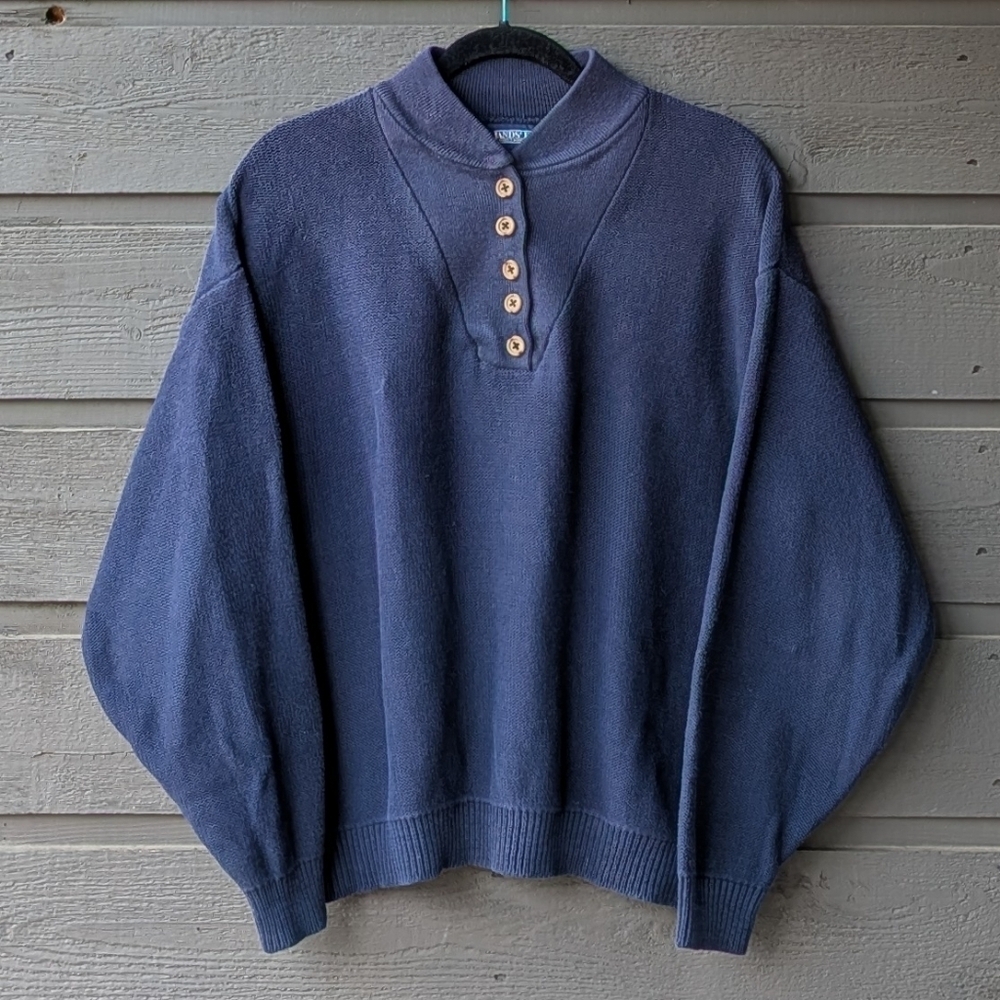 VTG 80s Lands' End Navy Blue 100% Cotton Henley Sweater Size Large